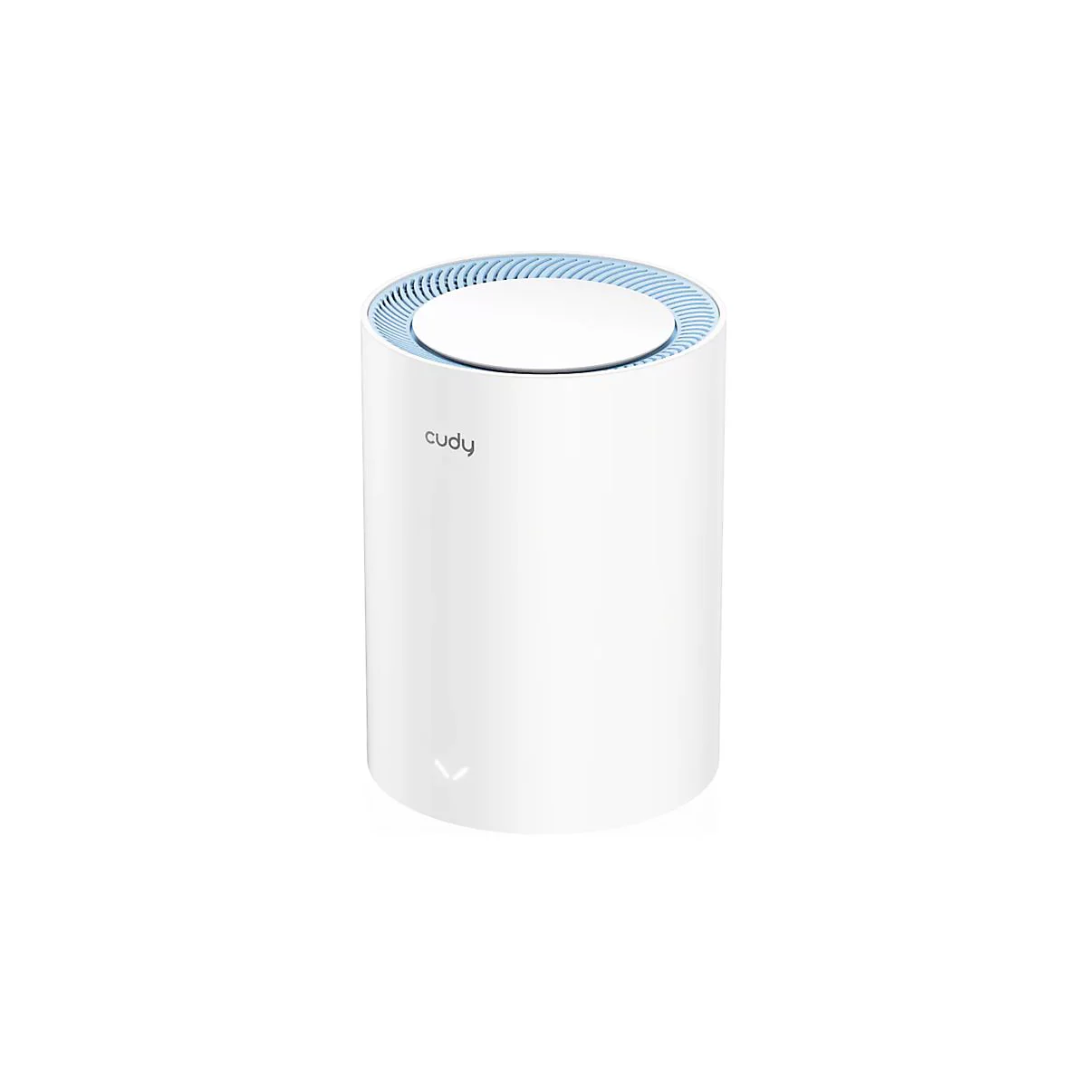 Weißer, zylinderförmiger WLAN-Router von Cudy mit blauem Akzent am oberen Rand vor neutralem Hintergrund.