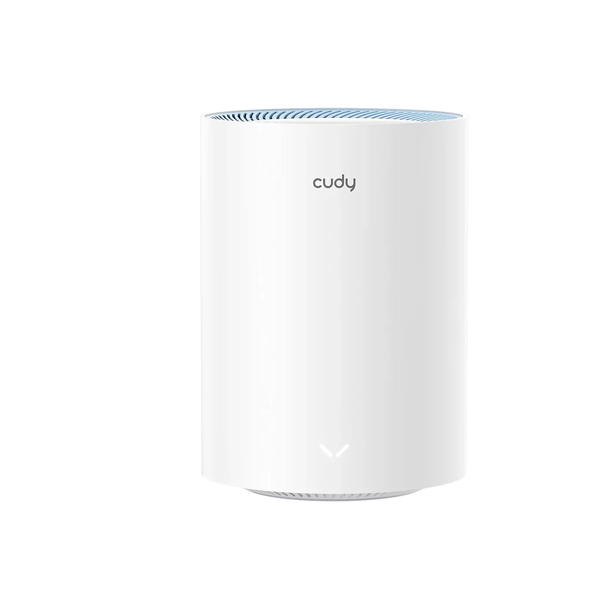 Weißer, zylindrischer Cudy Mesh-Router mit Lüftungsschlitzen oben und einem kleinen Logo-Symbol unten.