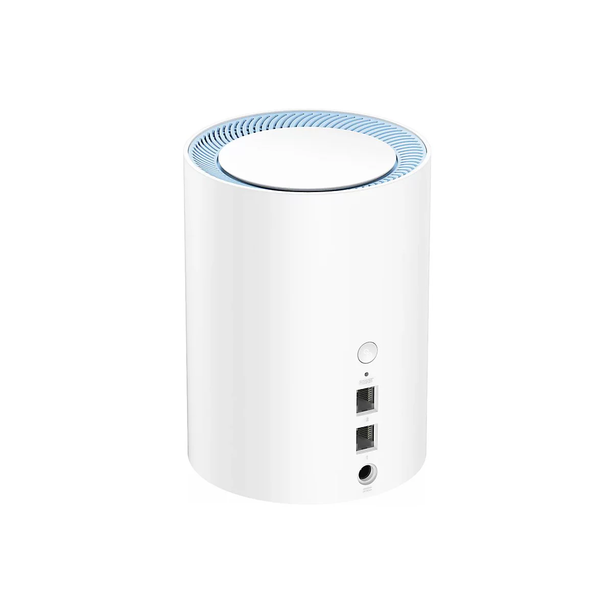 Weißer, zylindrischer WLAN-Router mit hellblauen Lüftungsschlitzen an der Oberseite vor weißem Hintergrund.