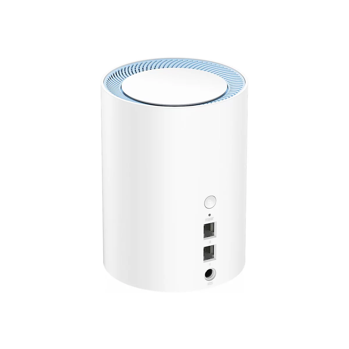 Weißer, zylinderförmiger WLAN-Router mit blauen Lüftungsschlitzen oben und Anschlüssen an der Rückseite.