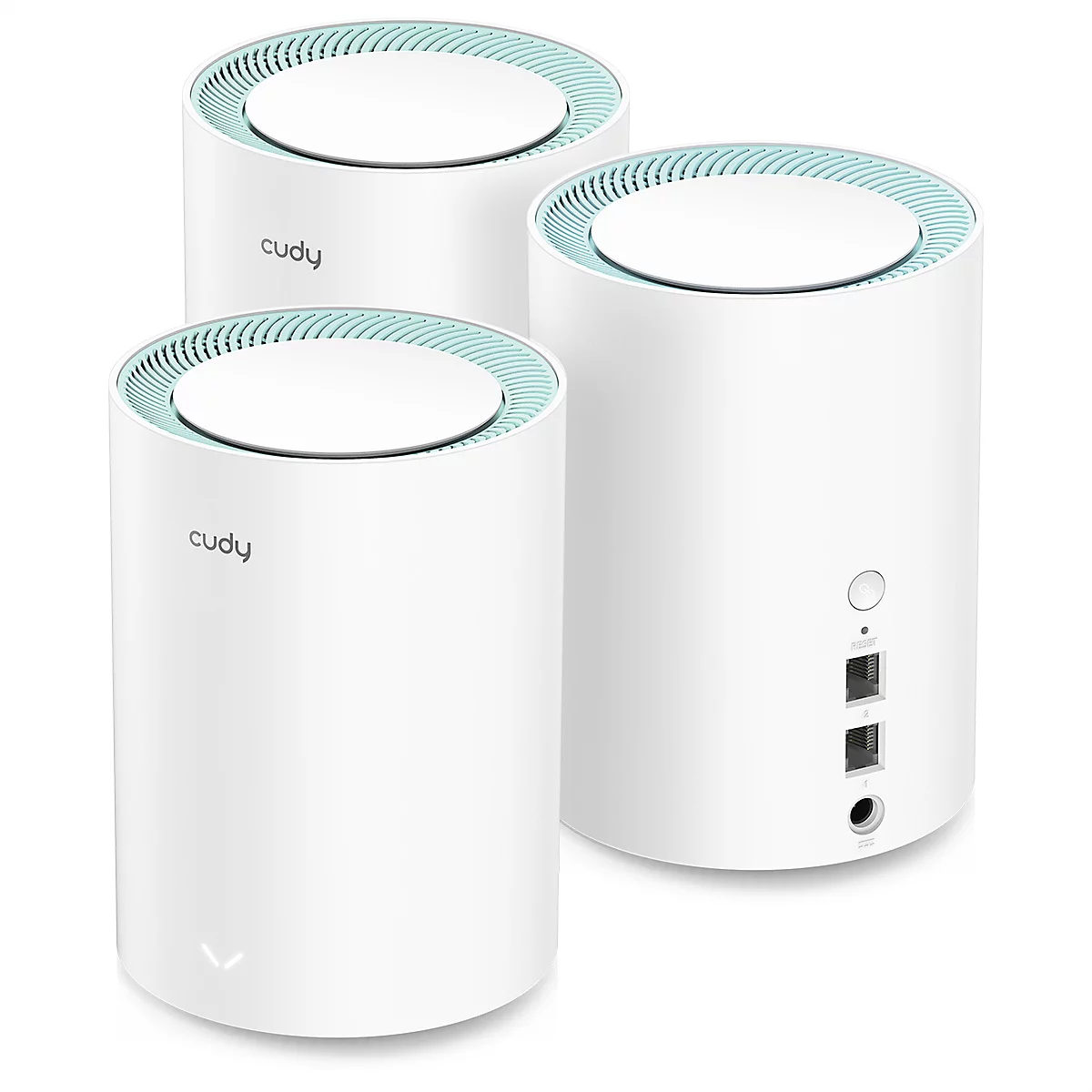 Drei zylindrische weiße Cudy WLAN-Router mit hellblauen Akzenten auf weißem Hintergrund.
