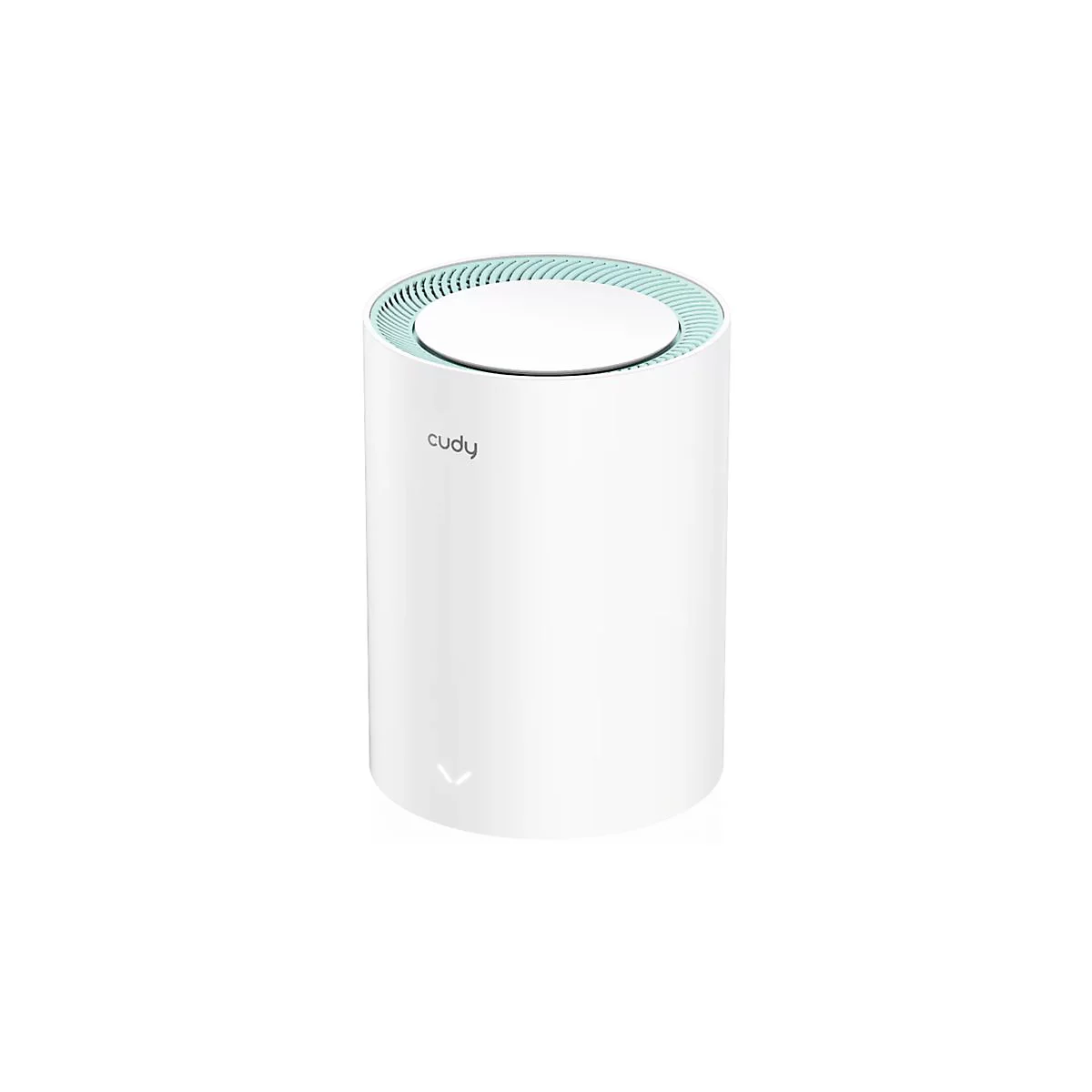 Weißer Cudy-Mesh-WLAN-Router in zylindrischer Form mit hellblauem Akzent oben auf weißem Hintergrund.
