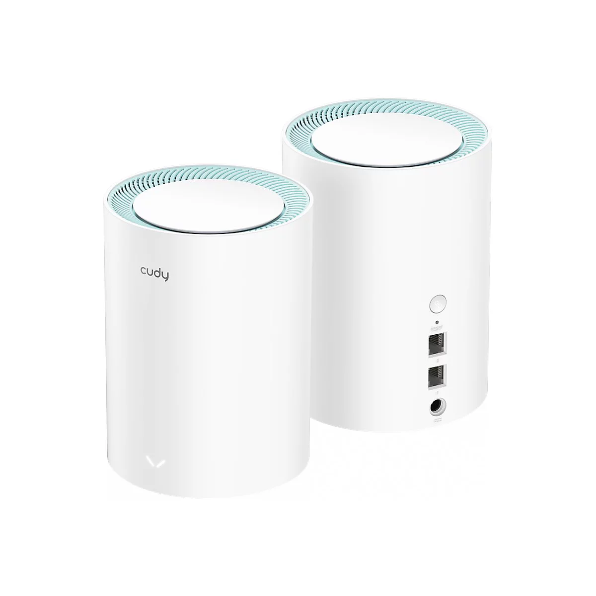 Zwei weiße, zylindrische Cudy WLAN-Mesh-Router vor weißem Hintergrund.