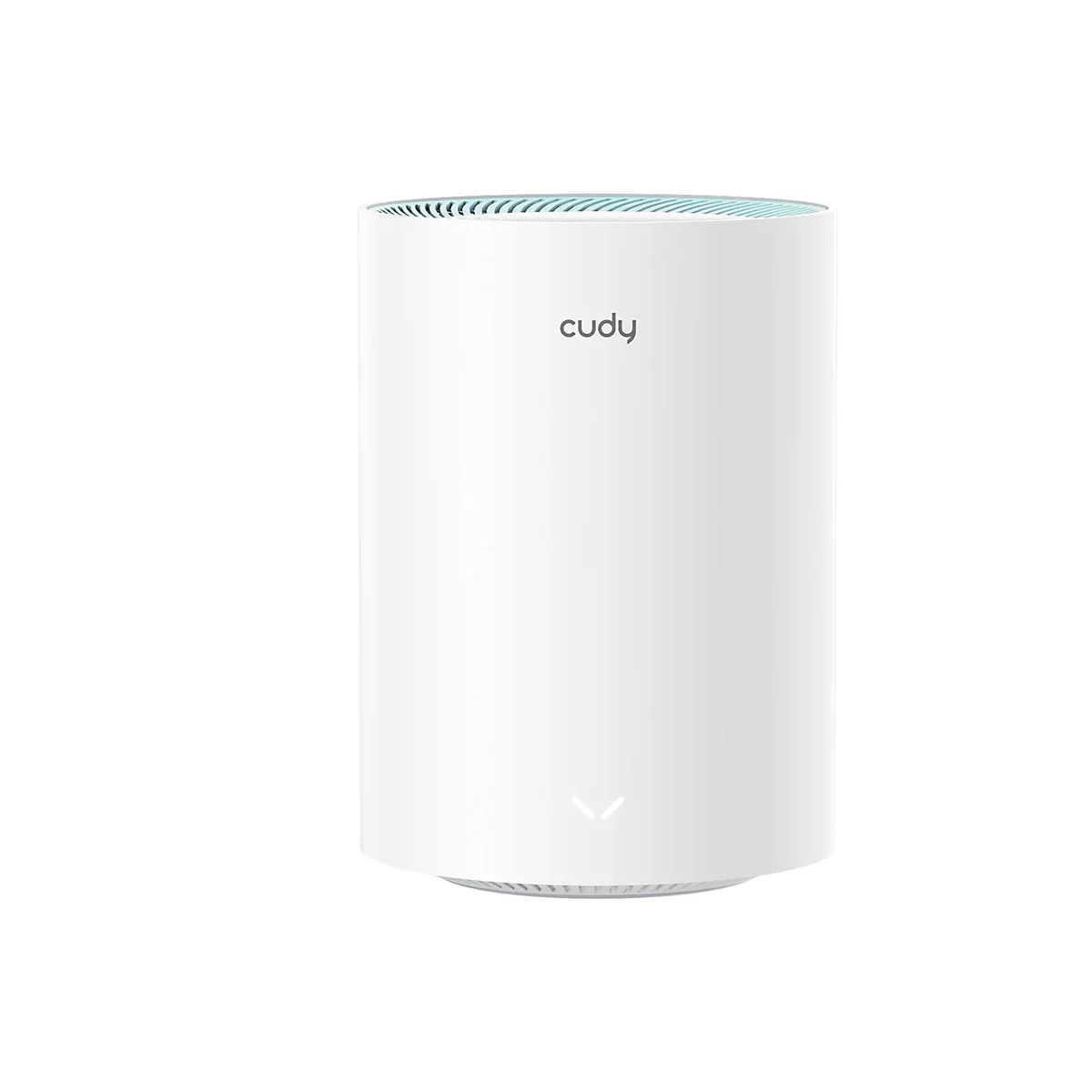 Weißer, zylindrischer Cudy WLAN-Router mit minimalistischem Design und mittiger Status-LED.