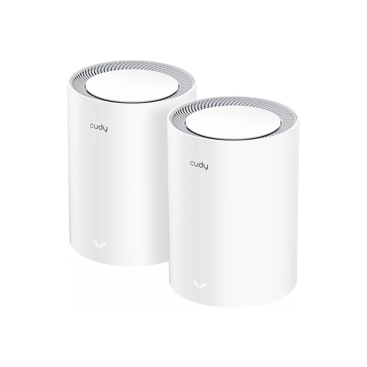 Zwei zylindrische, weiße Cudy WLAN-Router stehen nebeneinander vor einem weißen Hintergrund.