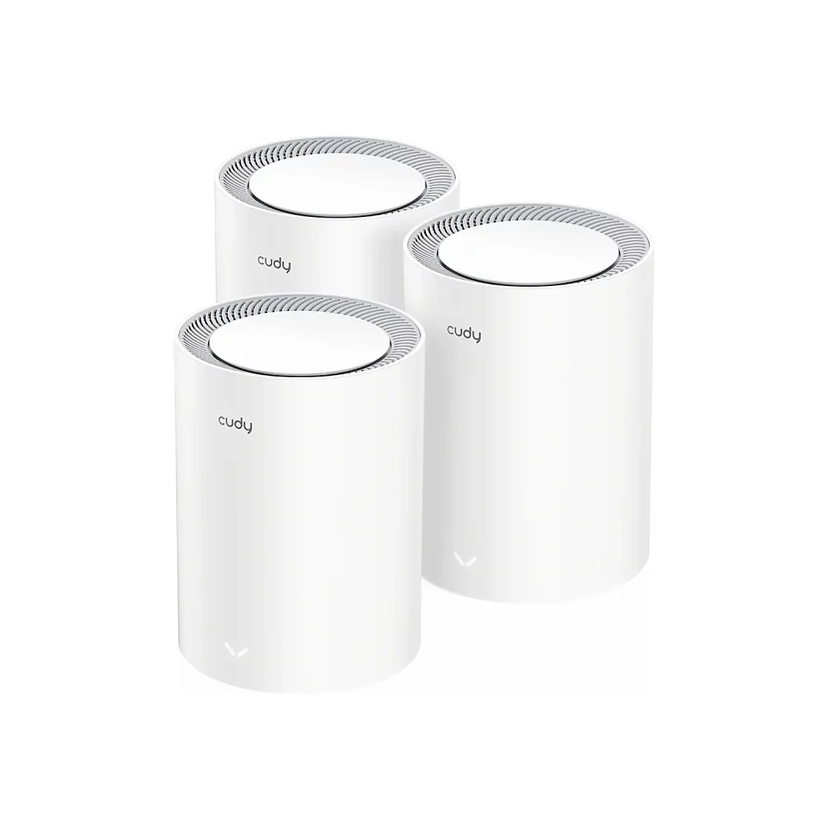 Drei zylindrische, weiße Cudy WLAN-Router vor weißem Hintergrund.