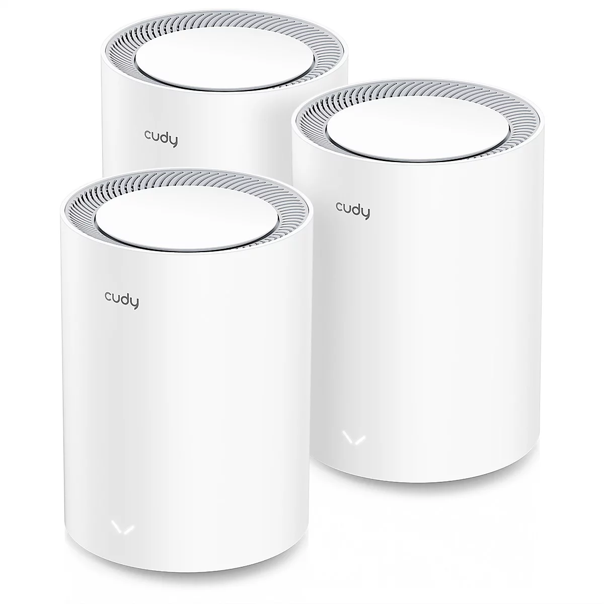 Drei zylindrische, weiße Cudy Mesh-Router auf hellem Hintergrund mit leuchtenden Statusanzeigen.