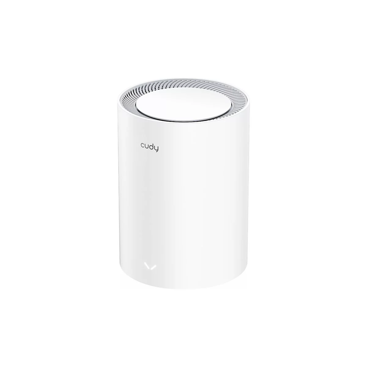 Weißer, zylinderförmiger Cudy WLAN-Router mit Lüftungsgitter oben und kleiner Status-LED unten vor weißem Hintergrund.