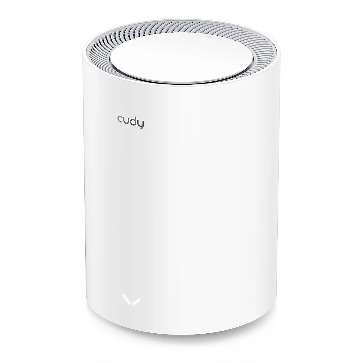 Weißer, zylinderförmiger WLAN-Router von Cudy mit einer Leuchtanzeige an der Unterseite.