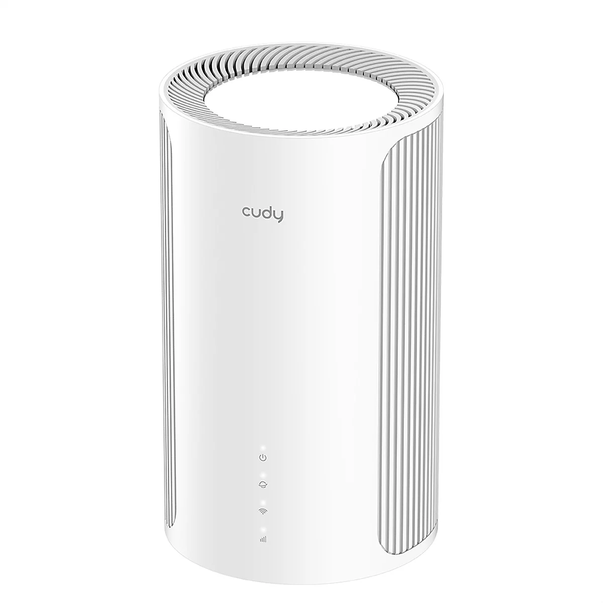 Weißer, zylindrischer Cudy WLAN-Router mit gerippten Seiten und Status-LEDs auf der Vorderseite.