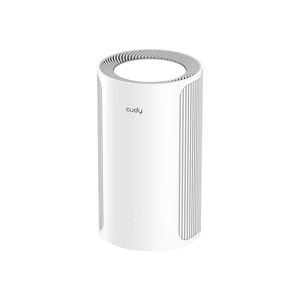 Weißer, zylindrischer Cudy-Router vor weißem Hintergrund mit dezenten vertikalen Rillen.