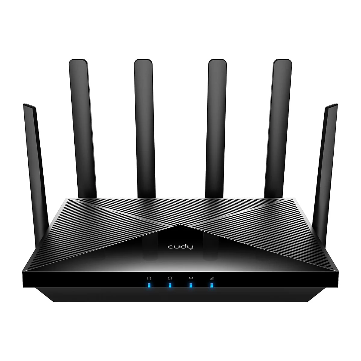 Schwarzer Cudy WLAN-Router mit sechs Antennen und leuchtenden blauen Status-LEDs auf weißem Hintergrund.