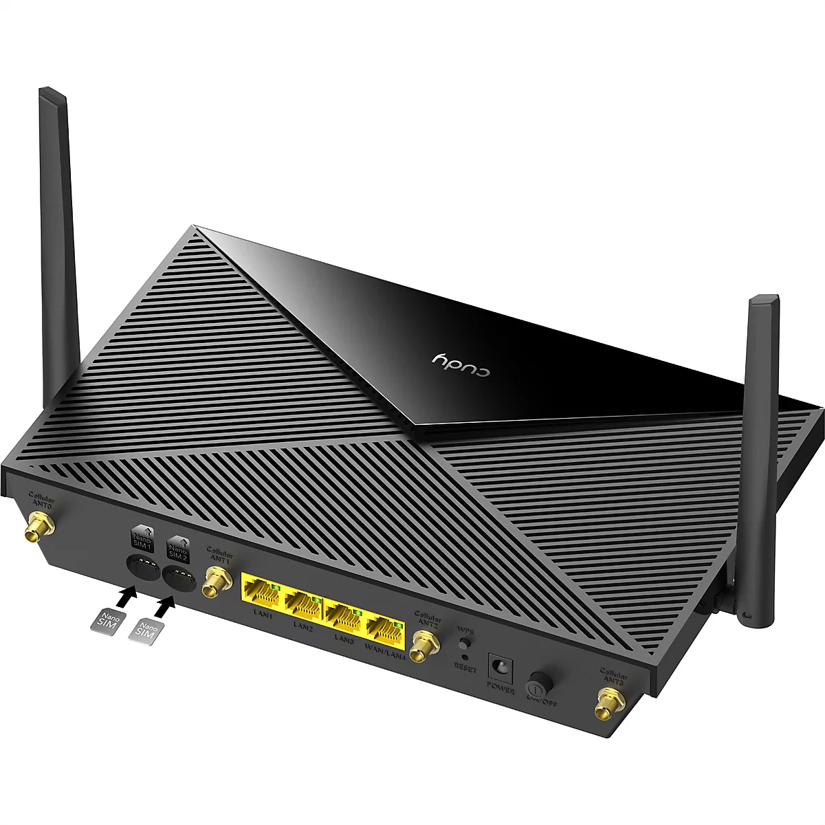 Schwarzer Cudy WLAN-Router mit zwei Antennen, Anschlüssen für LAN, WAN und zwei Nano-SIM-Karten auf der Rückseite.