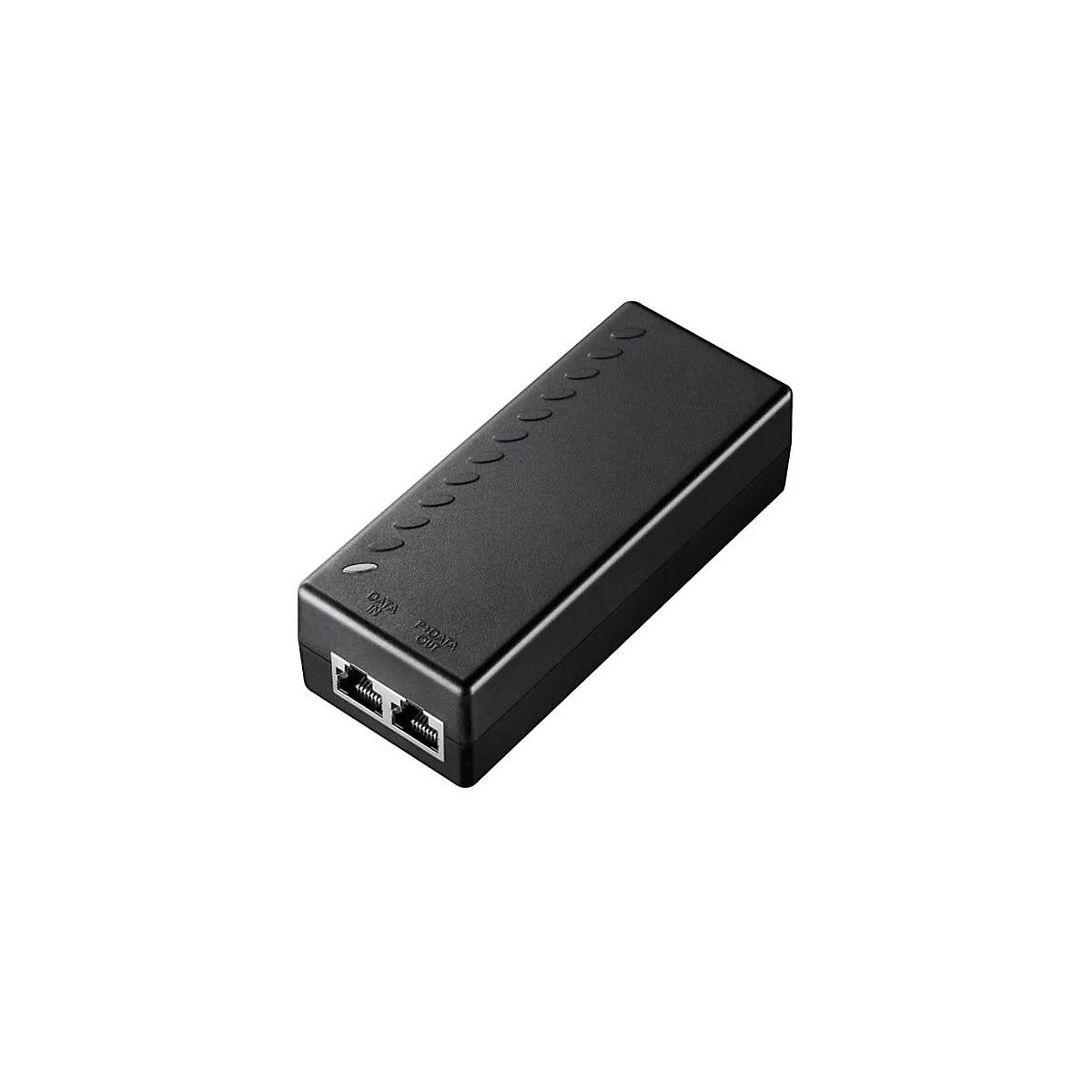 Schwarzer PoE-Injektor in rechteckiger Form mit zwei Ethernet-Anschlüssen und Beschriftung DATA IN sowie P+DATA OUT.