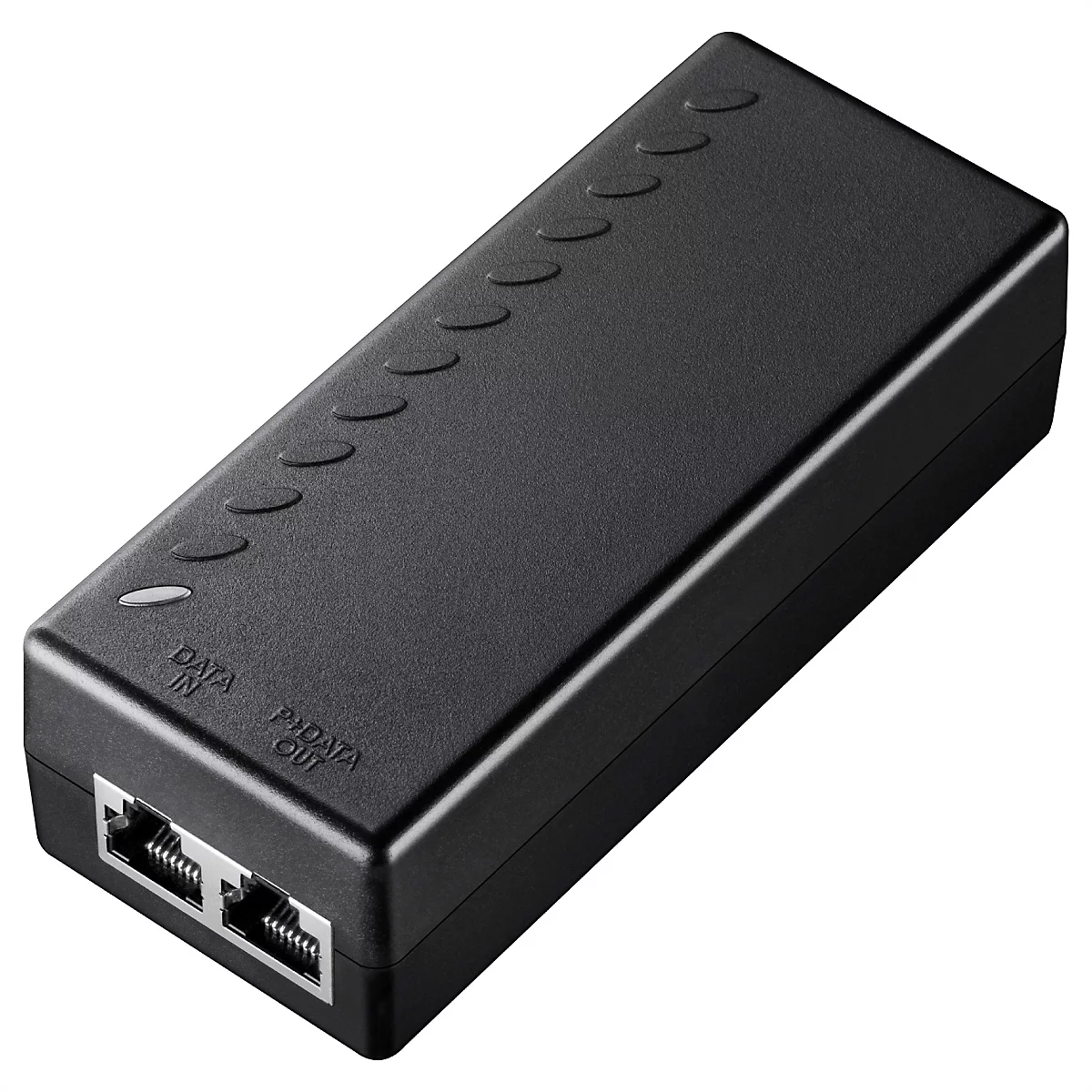 Schwarzer PoE-Injektor in rechteckiger Form mit zwei RJ45-Anschlüssen und beschrifteten Data-In/Out-Ports.