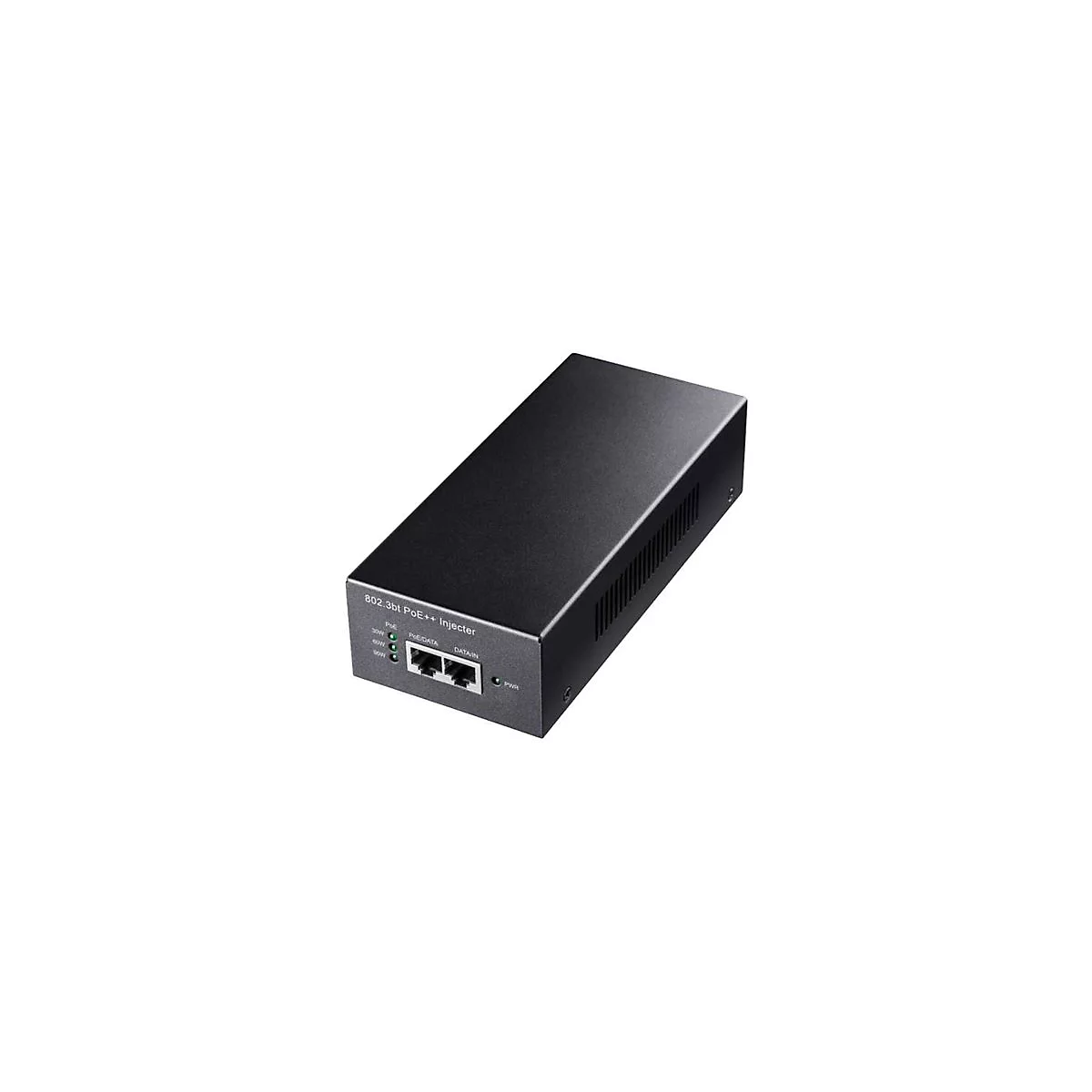 Schwarzer 802.3bt PoE++ Injektor mit zwei LAN-Anschlüssen und Status-LEDs auf weißem Grund.