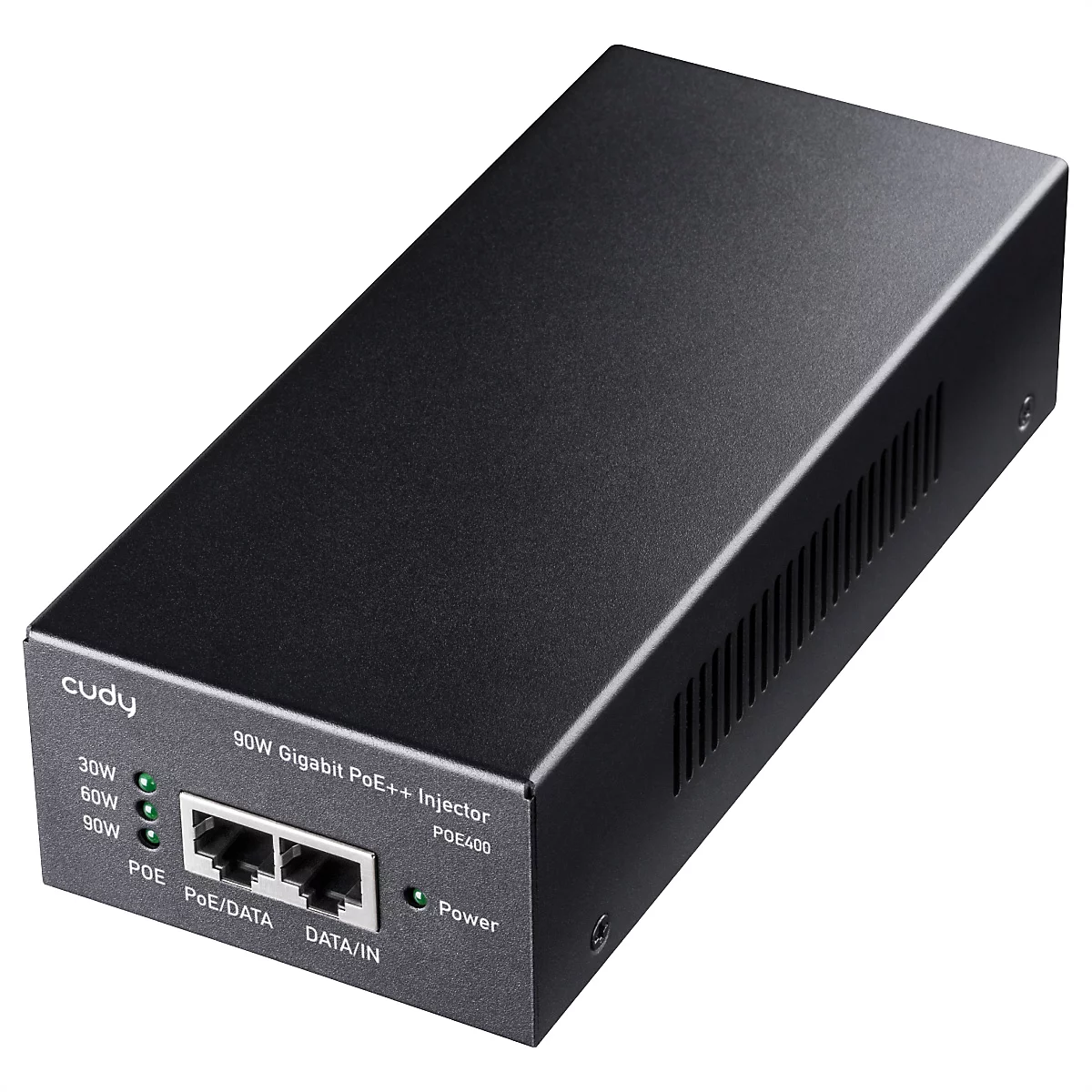 Schwarzer 90W Gigabit PoE++ Injektor der Marke Cudy mit Status-LEDs und zwei Netzwerkanschlüssen.