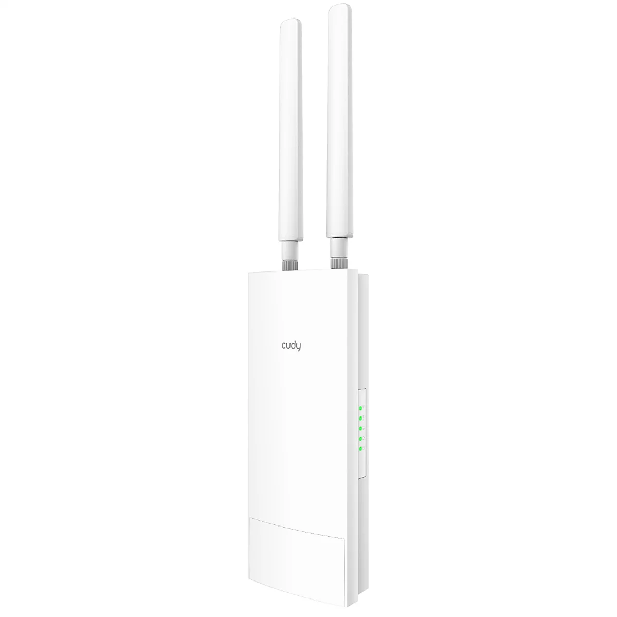 Weißer Cudy Outdoor-Access-Point mit zwei Antennen und grünen Status-LEDs auf neutralem Hintergrund.