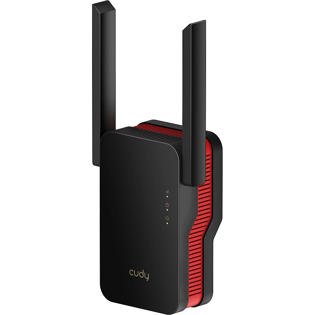 Schwarzer Cudy WLAN-Repeater mit zwei aufrechten Antennen und roten Seitenlüftungsschlitzen auf weißem Grund.