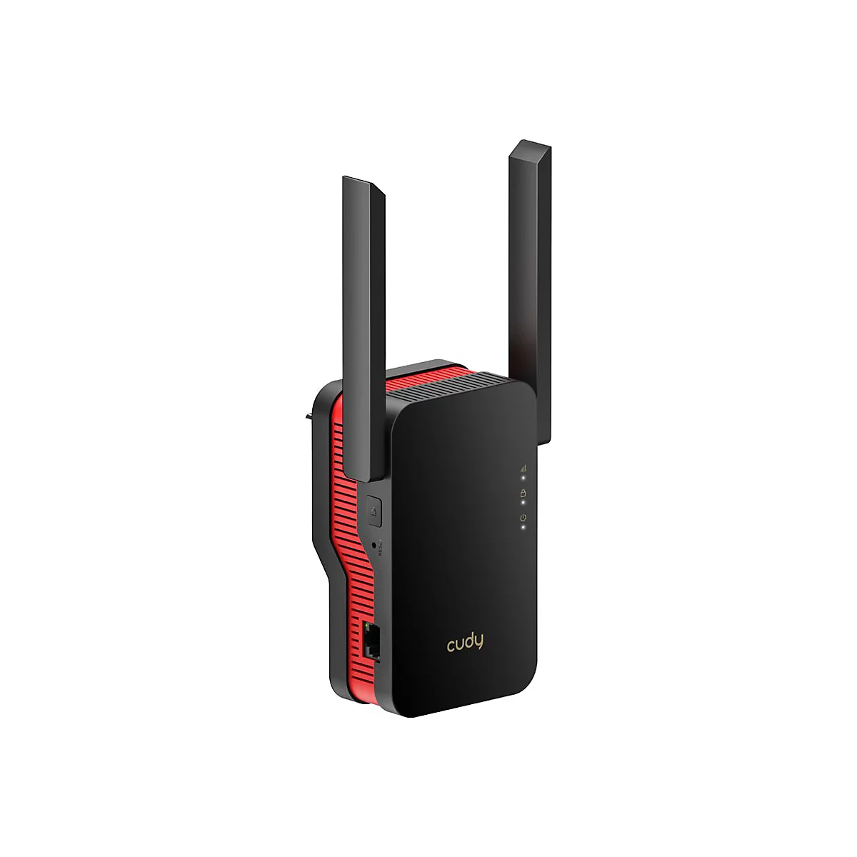 Schwarzer Cudy WLAN-Repeater mit zwei Antennen und rotem Seitenakzent vor weißem Hintergrund.