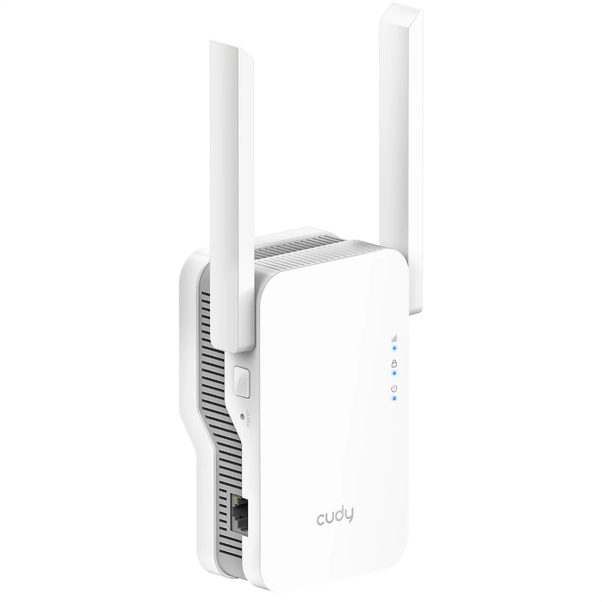 Weißer Cudy WLAN-Repeater mit zwei Antennen, seitlichem LAN-Port und blauen Status-LEDs auf weißem Grund.