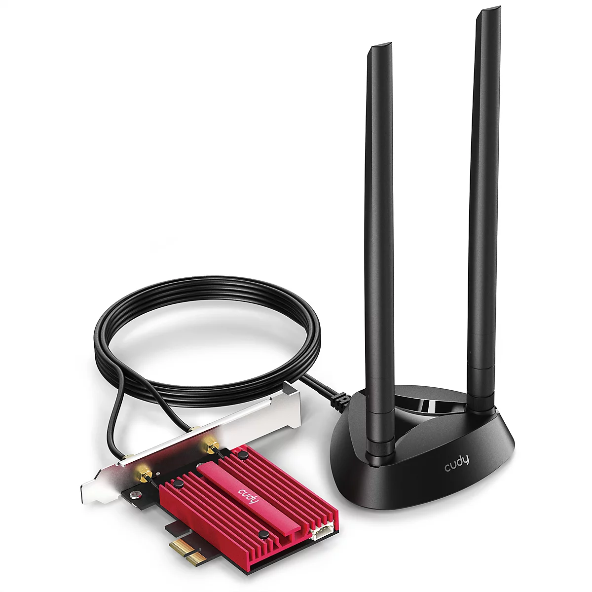 Cudy PCIe WLAN-Karte mit externer Antennenbasis und rotem Kühlkörper vor weißem Hintergrund.