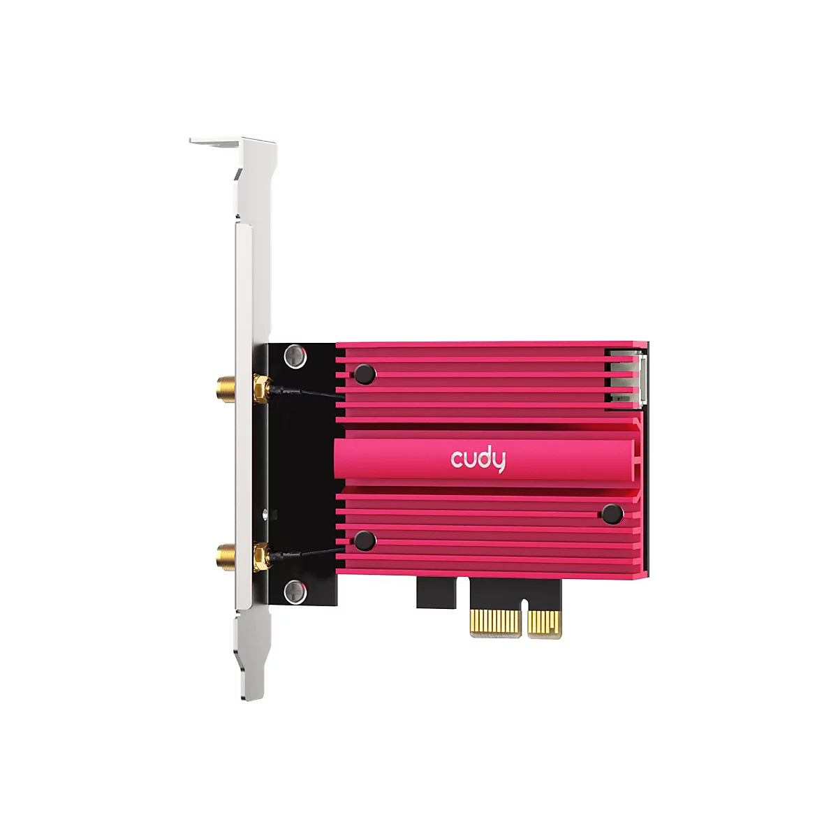 Eine Cudy WLAN-Netzwerkkarte mit leuchtend rotem Kühlkörper auf schwarzem PCB vor weißem Hintergrund.