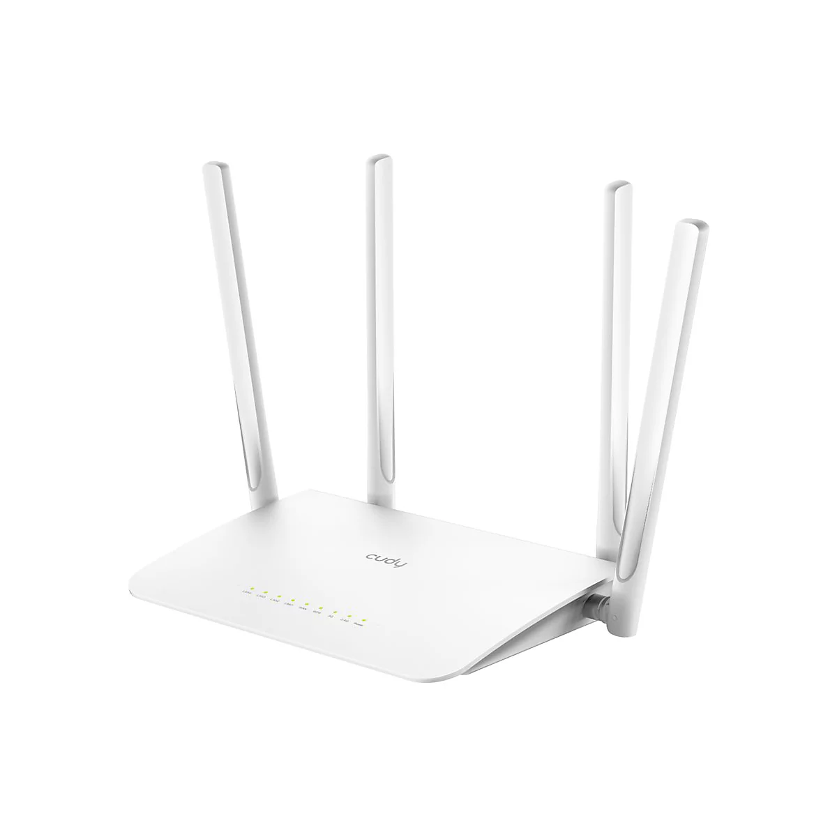 Weißer Cudy WLAN-Router mit vier Antennen vor weißem Hintergrund.