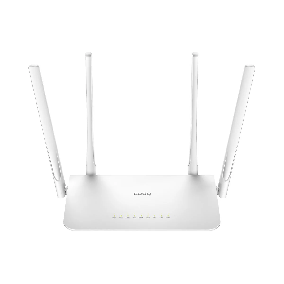 Weißer Cudy WLAN-Router mit vier langen Antennen und Status-LEDs auf der Oberseite vor weißem Hintergrund.