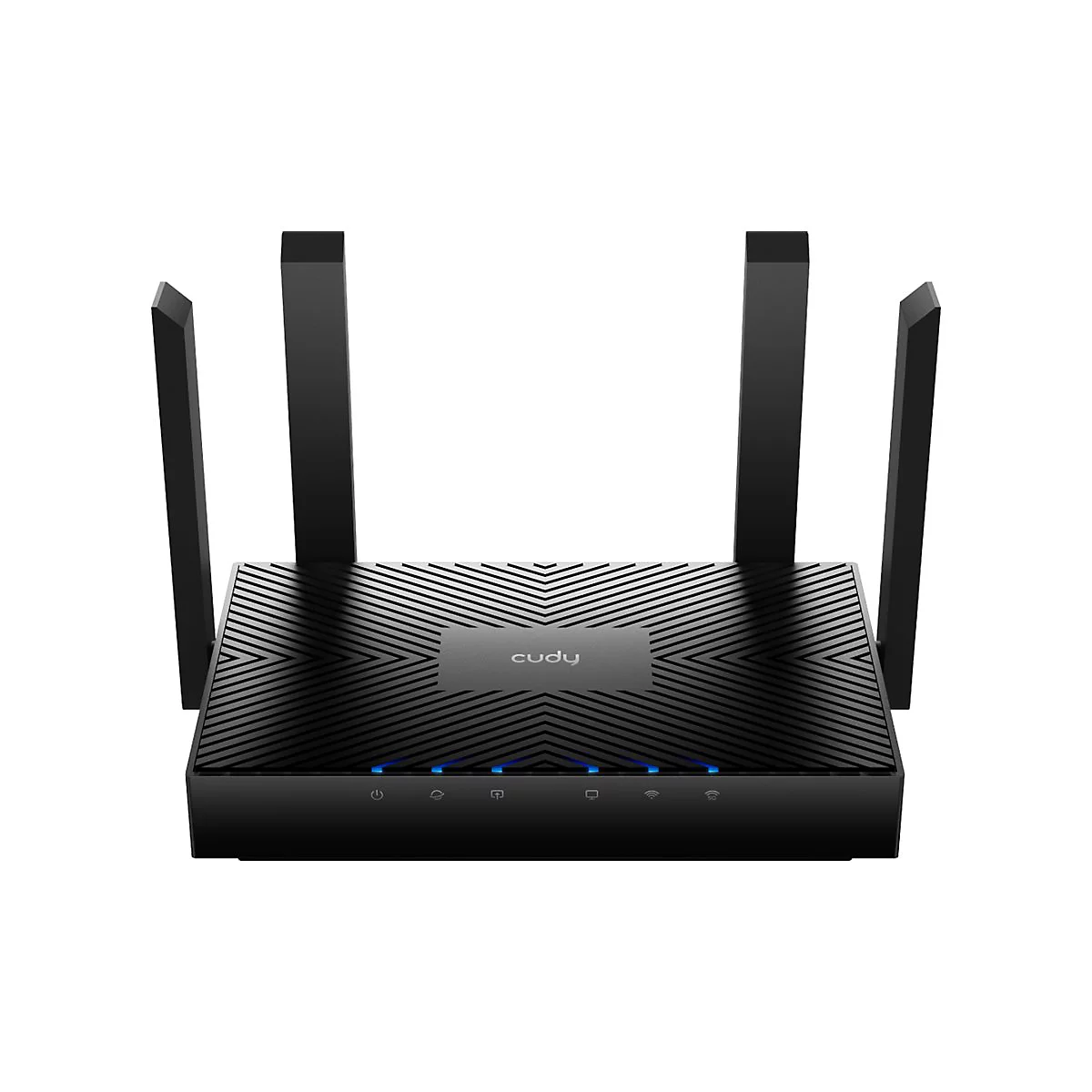 Schwarzer WLAN-Router mit vier Antennen. Auf der Oberseite steht der Schriftzug cudy. Blaue LEDs leuchten auf der Vorderseite.