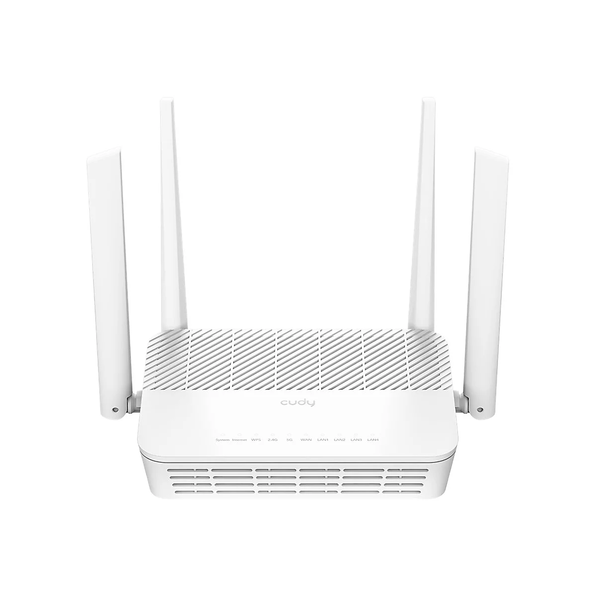 Weißer Router mit vier Antennen, darunter der Schriftzug cudy.
