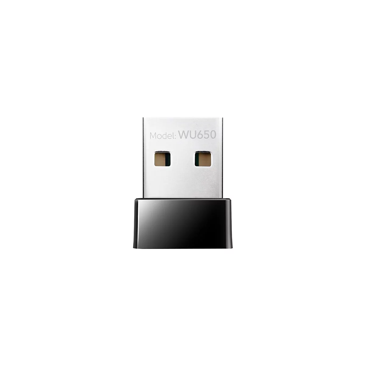 Kompakter, silberner USB-WLAN-Adapter mit schwarzem Gehäuseteil und Aufschrift Model: WU650.