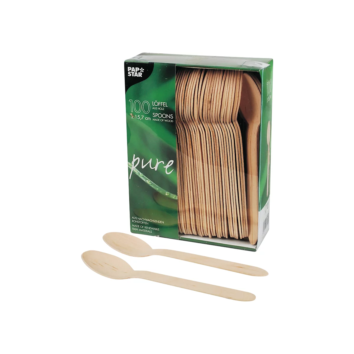 Cuillères jetables Papstar Pure, L 157 mm, biodégradable, en bois de bouleau certifié FSC®, brun clair, 100 pièces