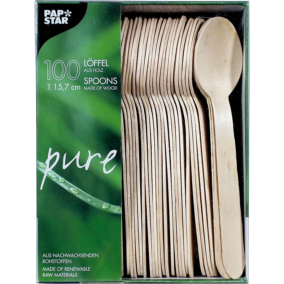 Cuillères jetables Papstar Pure, L 157 mm, biodégradable, en bois de bouleau certifié FSC®, brun clair, 100 pièces
