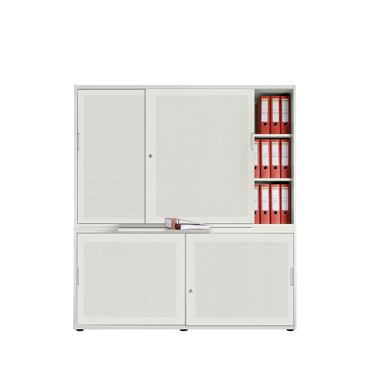 Beige filing cabinet with sliding doors and red folders.