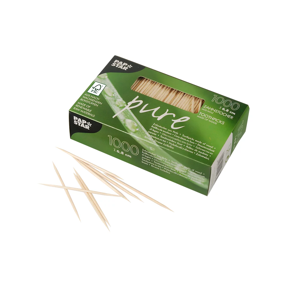 Cure-dent en bois certifié FSC®, L 68 mm, 1000 pièces, couleur naturelle, dans boîte pliante