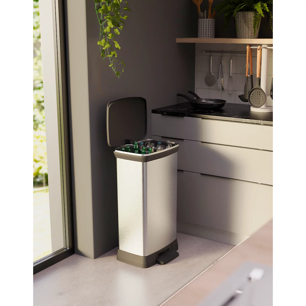 Curver Decobin Duo pedaalemmer, 2 x 23 liter, 70 % gerecycled kunststof, metaallook, B 390 x D 290 x H 720 mm, zilver/zwart