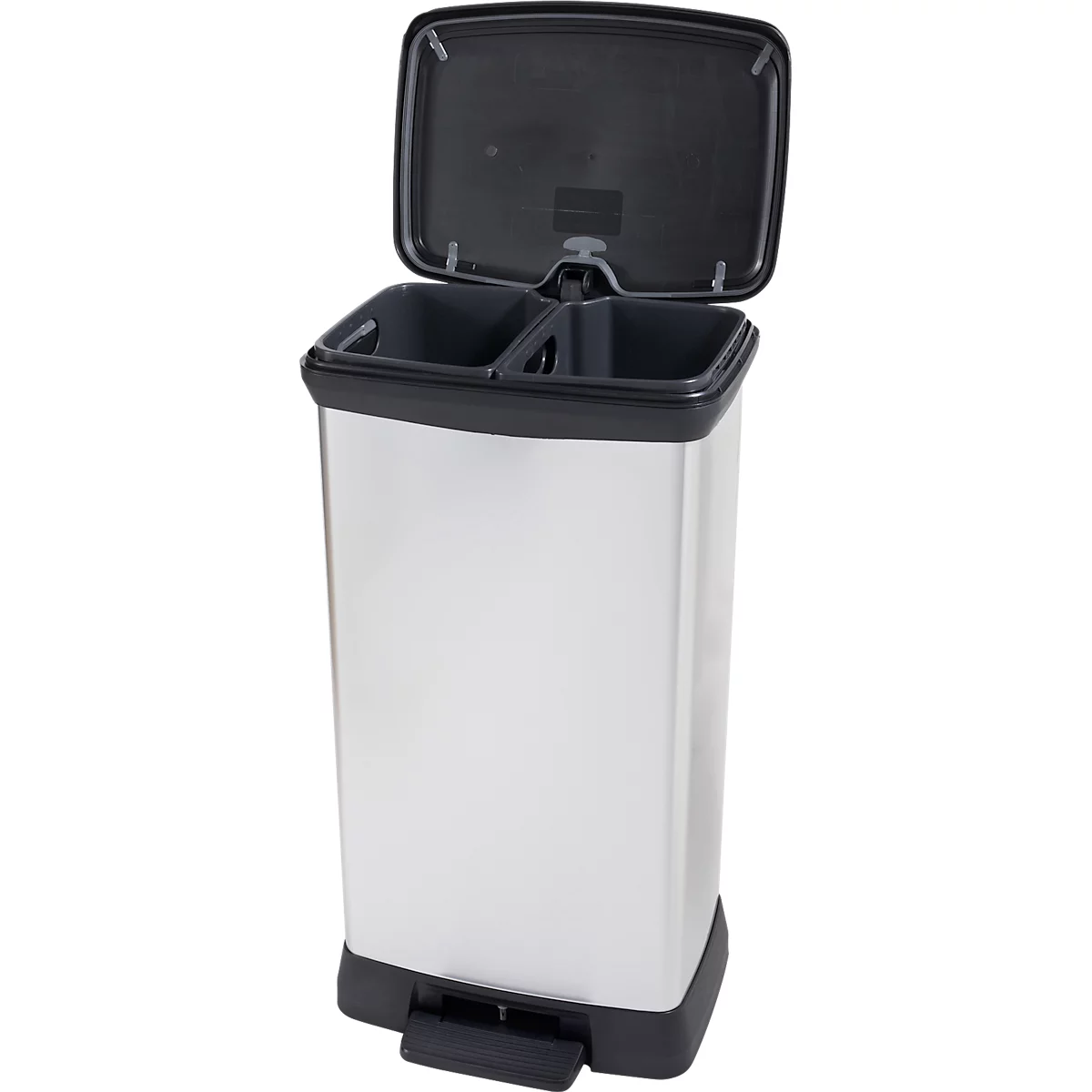 Curver Decobin Duo pedaalemmer, 2 x 23 liter, 70 % gerecycled kunststof, metaallook, B 390 x D 290 x H 720 mm, zilver/zwart