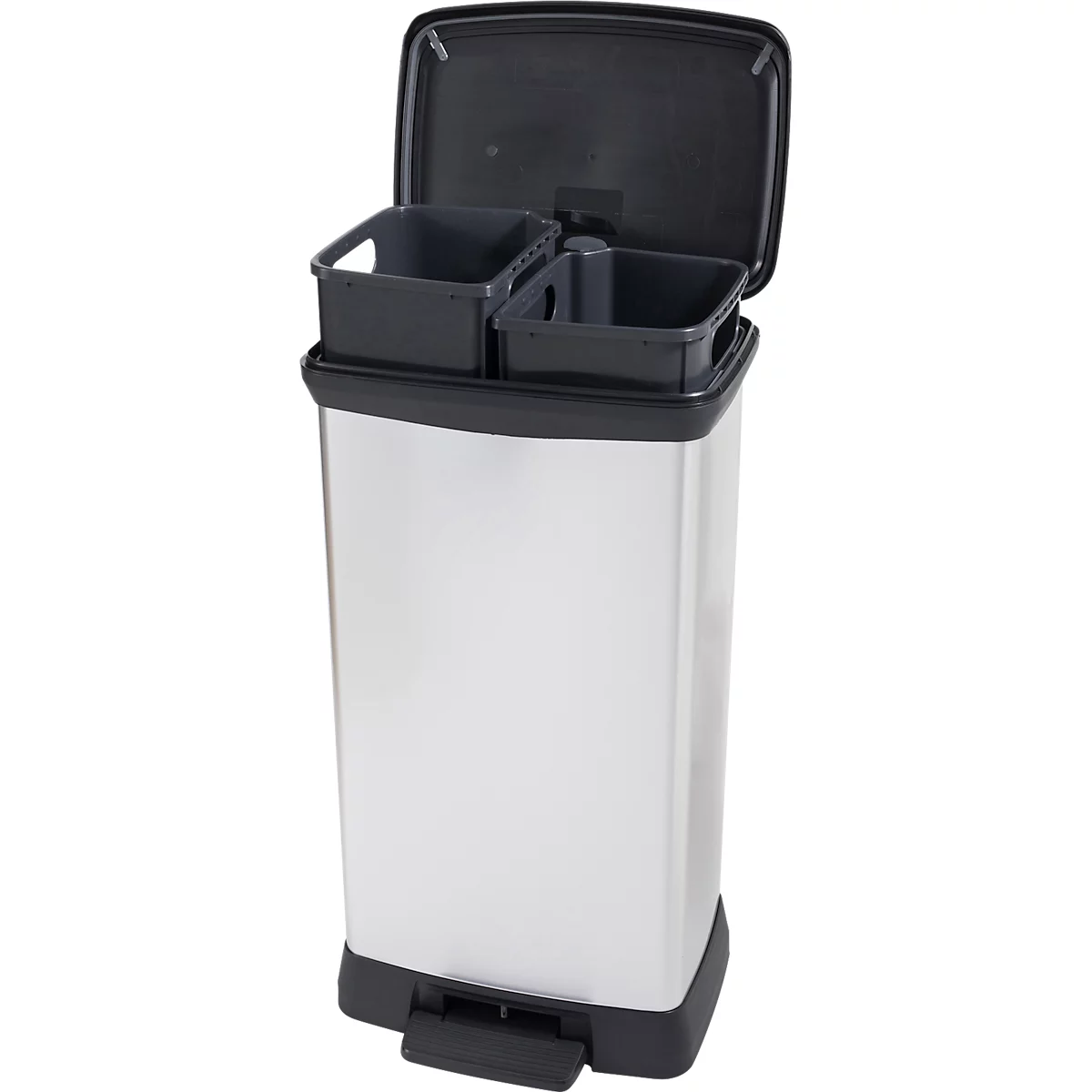 Curver Decobin Duo pedaalemmer, 2 x 23 liter, 70 % gerecycled kunststof, metaallook, B 390 x D 290 x H 720 mm, zilver/zwart