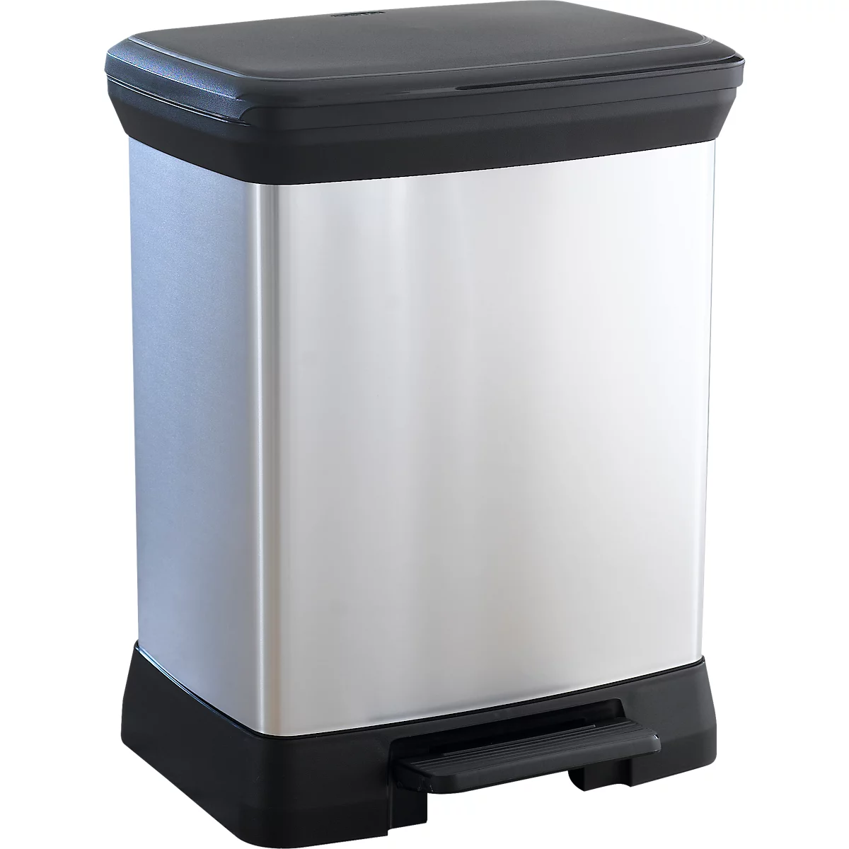 Curver Decobin pedaalemmer, 80 % gerecycled kunststof, metaallook, B 390 x D 290 x H 510 mm, 30 liter, zilver/zwart