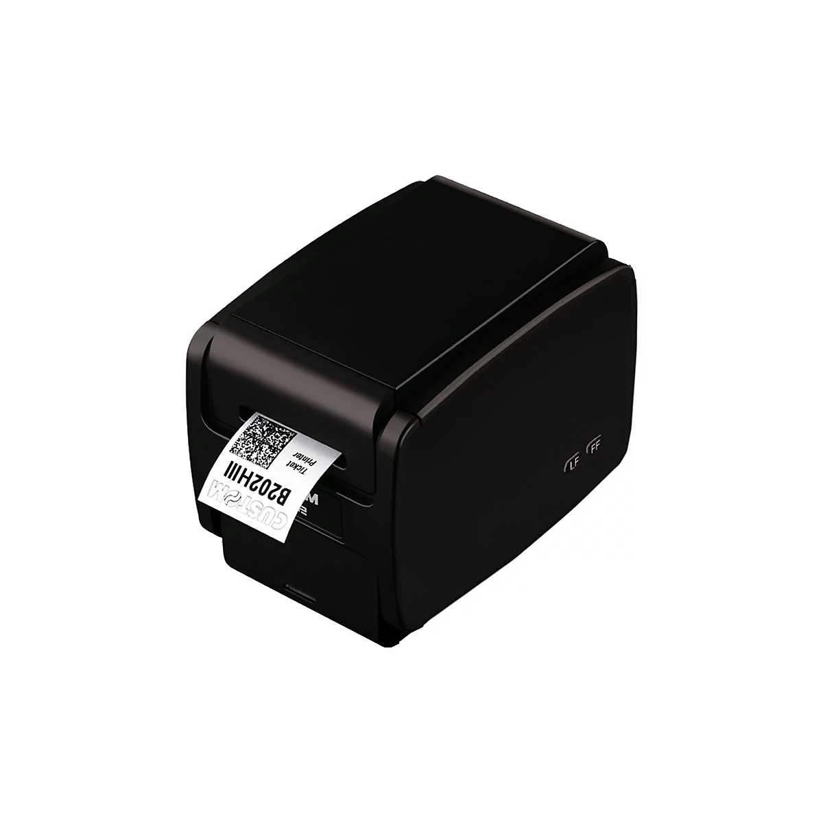 Kompakter, schwarzer Ticket-Drucker mit einem ausgedruckten Beleg.