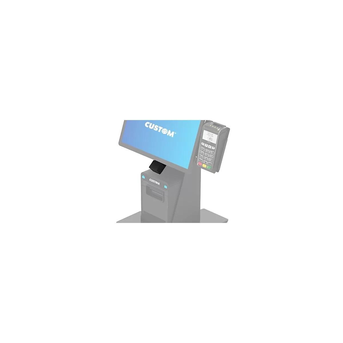 Ein grauer POS-Kiosk mit Bildschirm, Bezahlterminal und Drucker. Auf dem Bildschirm steht „CUSTOM“. Auf dem Terminal steht „ER 39.99 CLIENT CARD“.