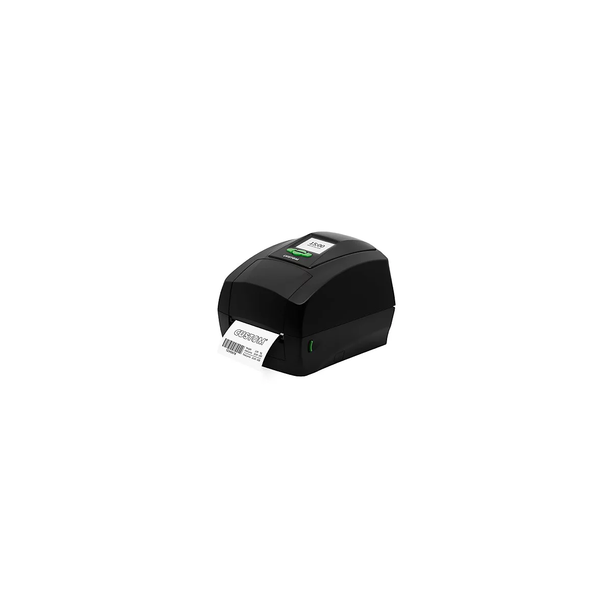Imprimante d'étiquettes noire avec bouton vert et écran, imprimant une étiquette avec un code-barres et du texte.