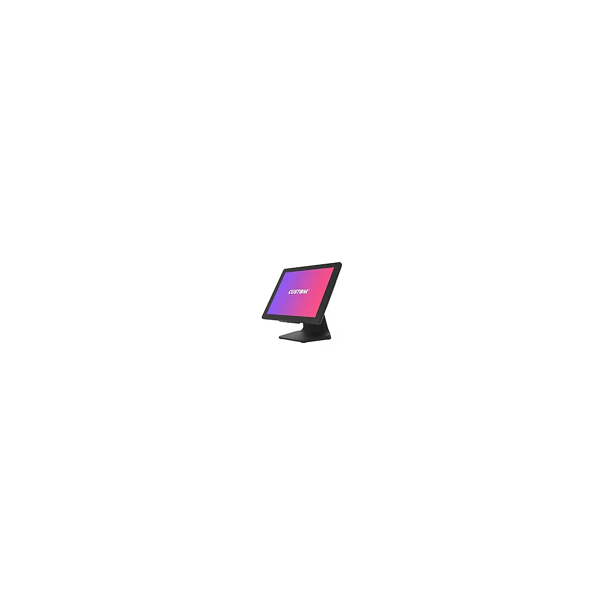 Schwarzer Touchscreen-Monitor mit lila-rosa Farbverlauf, 'CUSTOM'-Schriftzug.