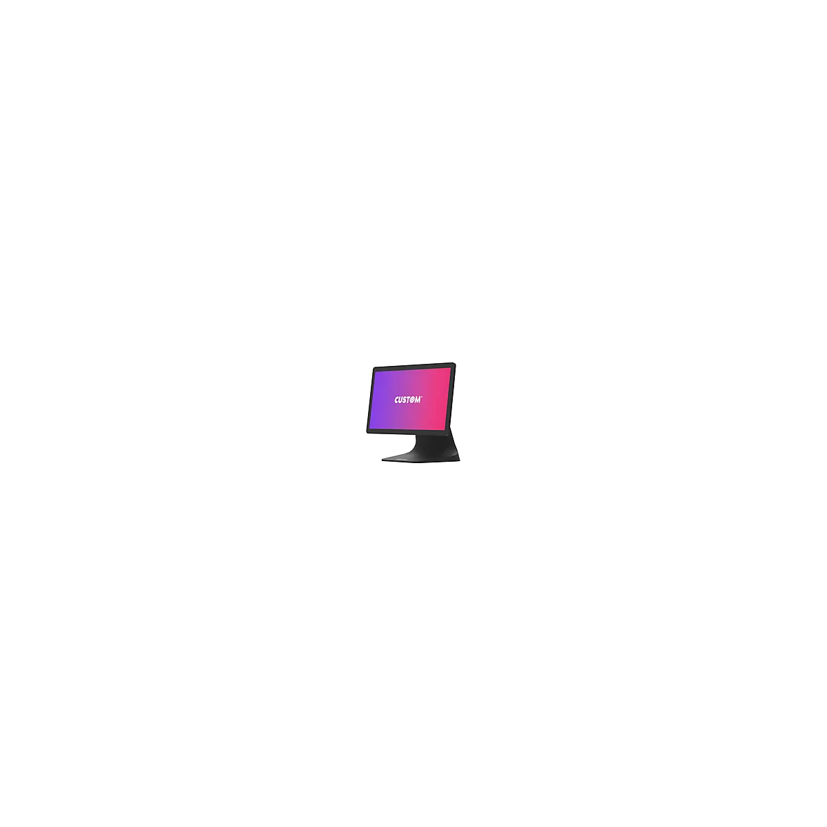 Schwarzer Touchscreen-Monitor mit lila-rosa Farbverlauf und 'CUSTOM'-Schriftzug.