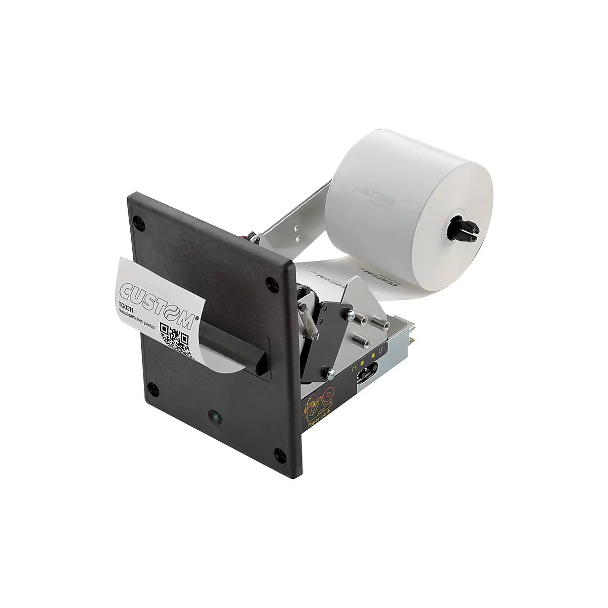Ein Thermo-Bondrucker mit Papierrolle, zeigt das Firmenlogo CUSTOM und einen QR-Code auf einem ausgedruckten Beleg.