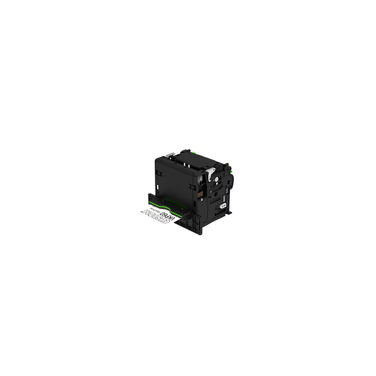 Kompakter Custom VKP60 Kiosk-Drucker vor weißem Hintergrund mit ausgegebenem Papierbeleg.