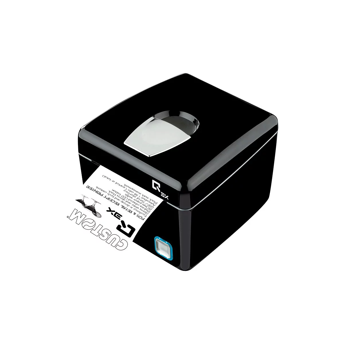Schwarzer Kassenbon-Drucker mit einem gedruckten Beleg. Auf dem Drucker steht das Wort CUSTOM. Der Drucker hat eine Öffnung für das Papier.