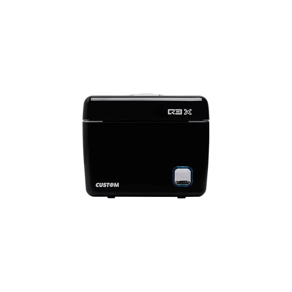 Schwarze, rechteckige Box mit silbernem Griff, 'R3X' und 'CUSTOM' Schriftzug, blau umrandeter Knopf.