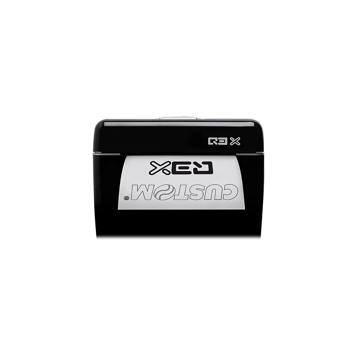 Schwarzer Aktenvernichter, REX-Logo. Auf weißem Aufkleber steht "CUSTOM".